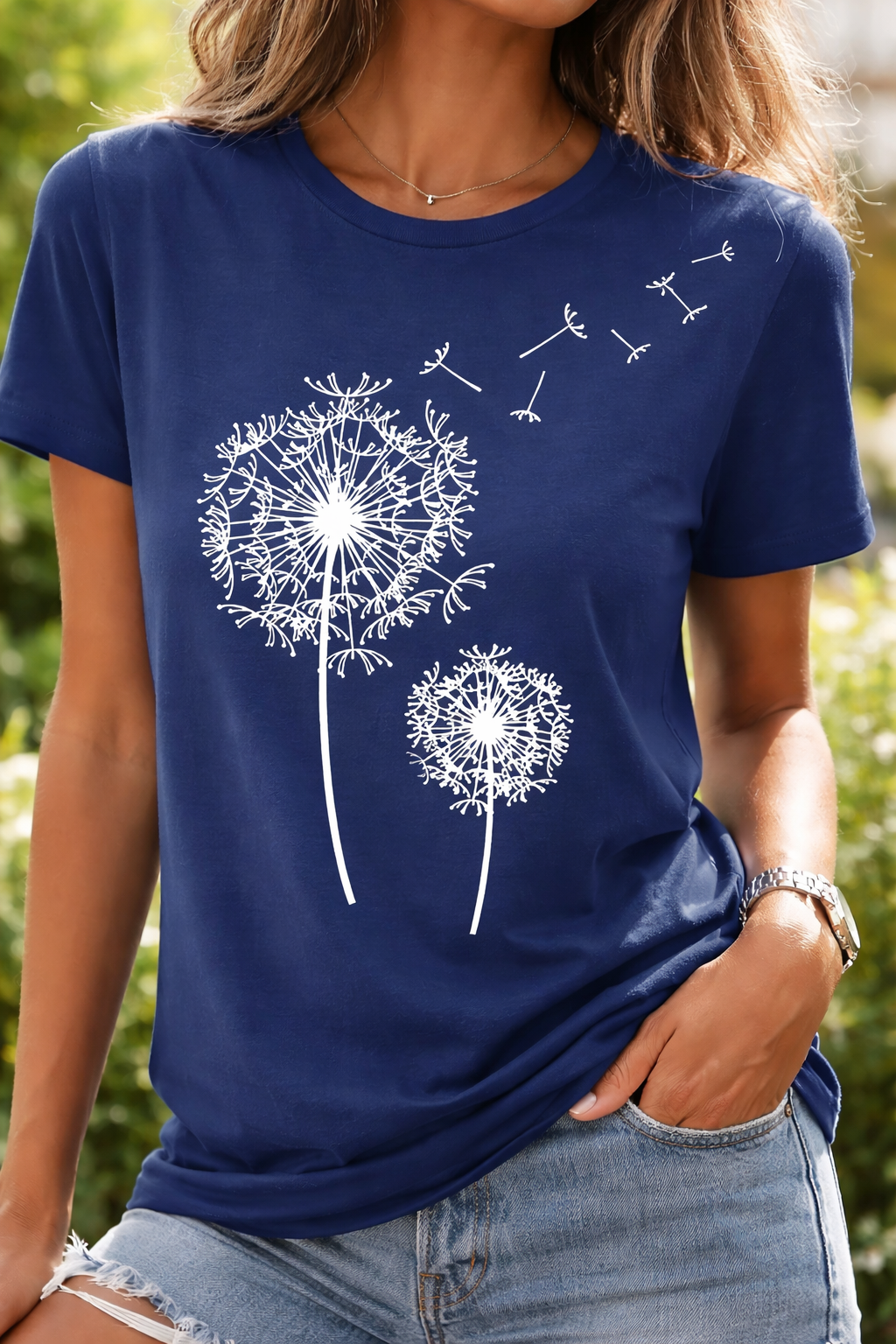 Damen T-Shirt Pusteblumen-Print Kurzarm Baumwolle Weiß