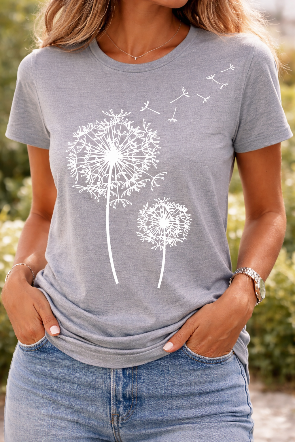 Damen T-Shirt Pusteblumen-Print Kurzarm Baumwolle Weiß