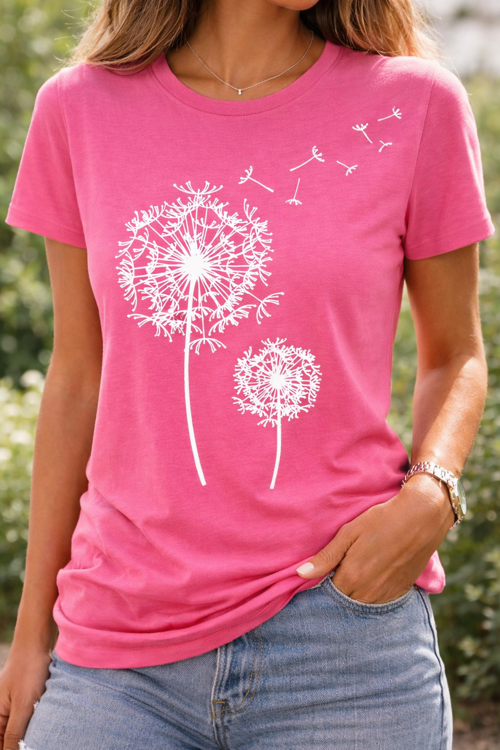 Damen T-Shirt Pusteblumen-Print Kurzarm Baumwolle Weiß