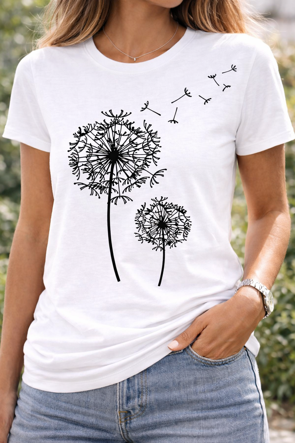 Damen T-Shirt Pusteblumen-Print Kurzarm Baumwolle Weiß