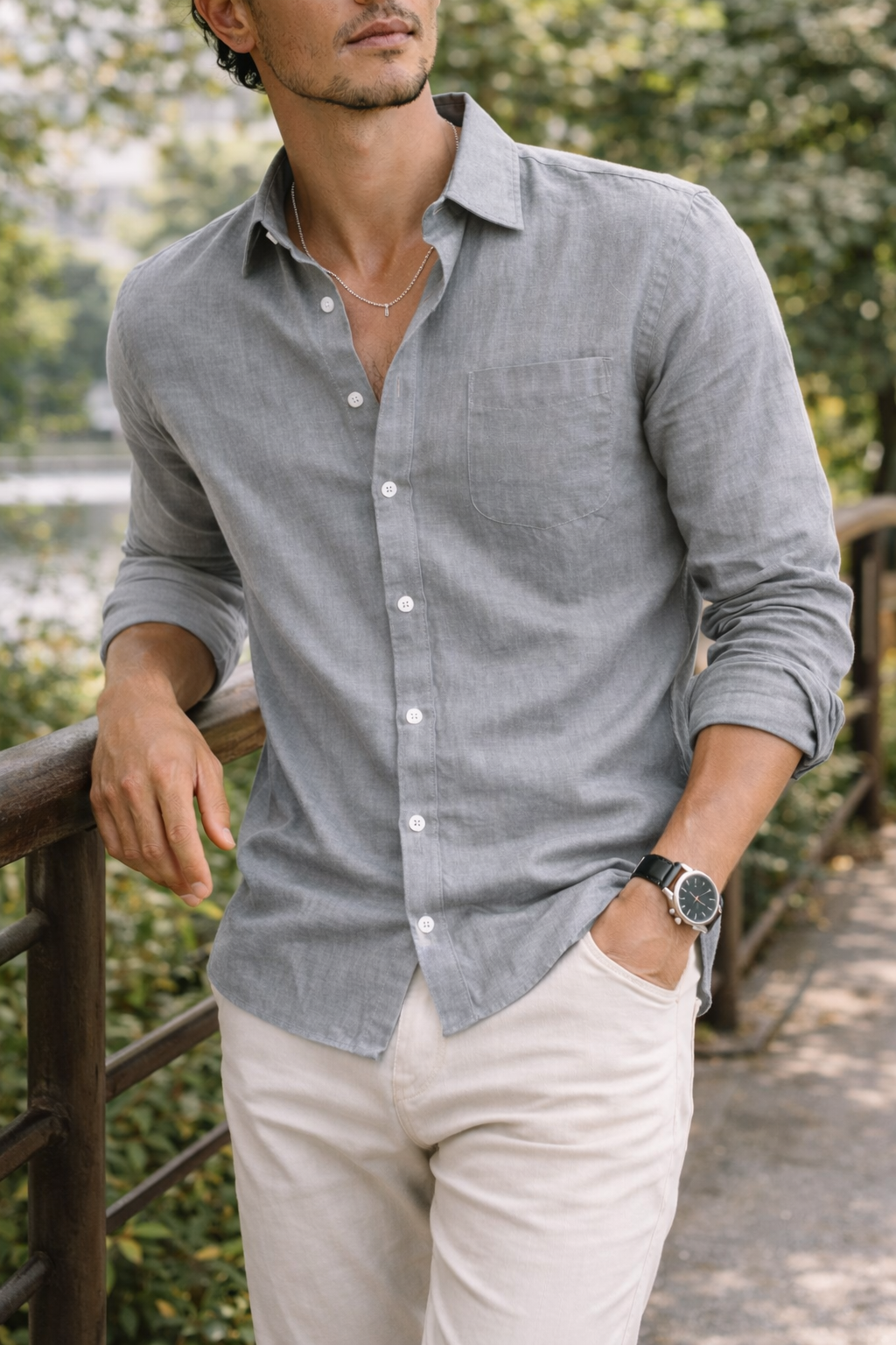 Herren Leinenhemd Langärmlig Leichtes Sommerhemd Beige