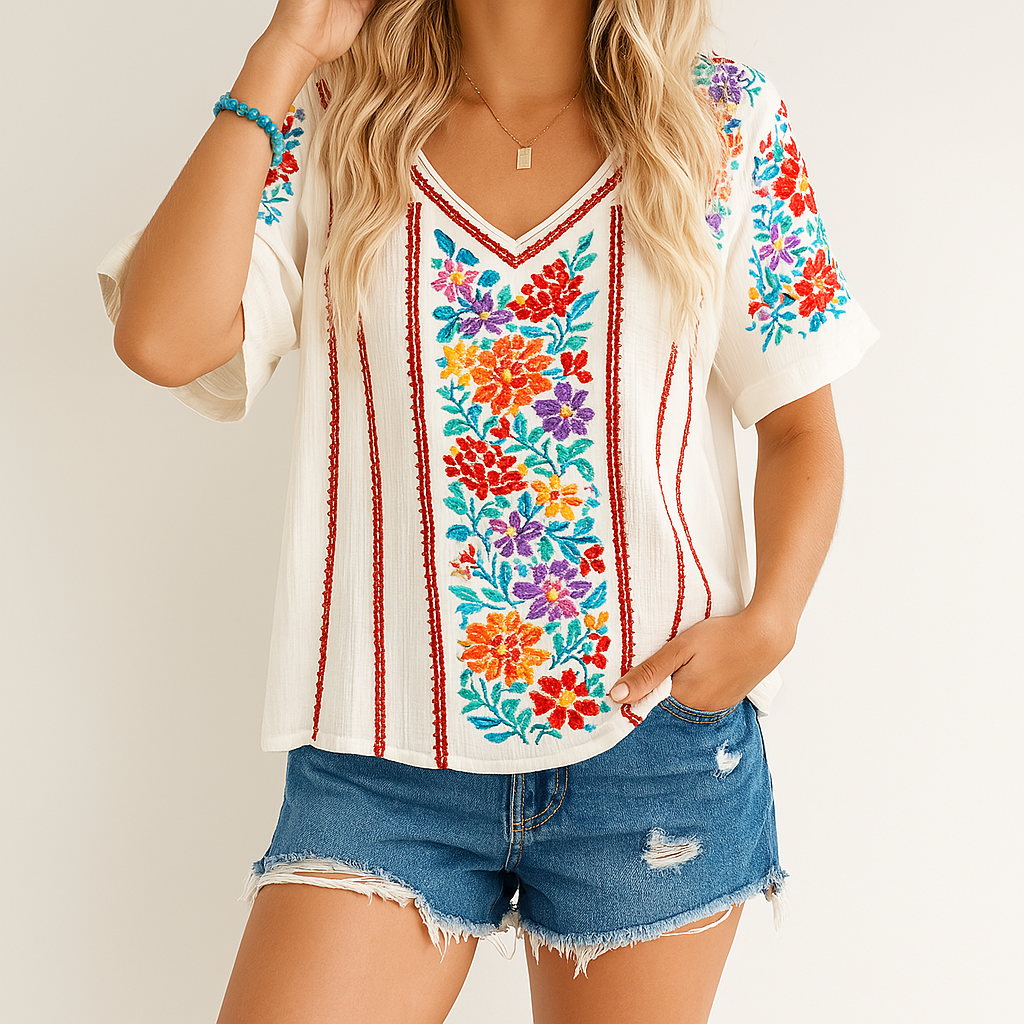 Damen Bluse V-Ausschnitt Florale Stickerei Elegante Sommerbluse - Eveloria