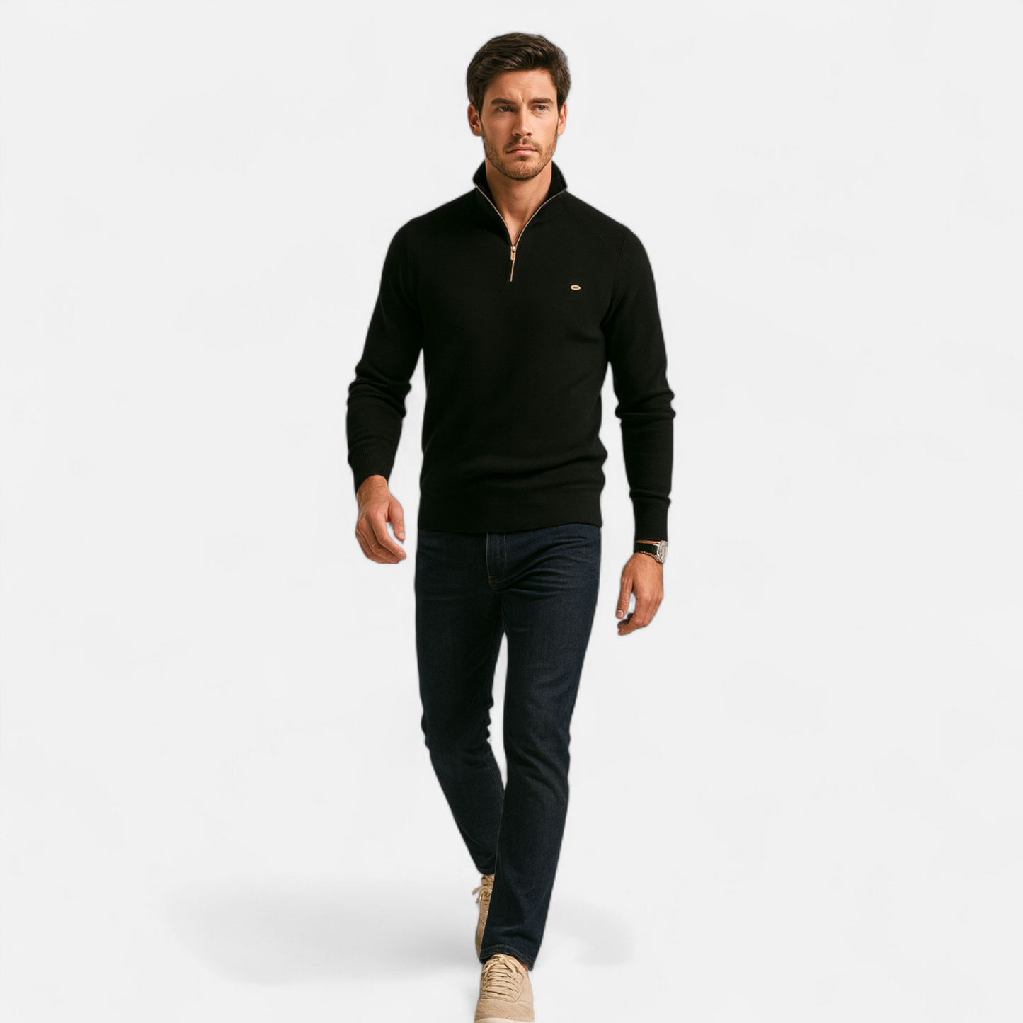 Herren Strickpullover Stehkragen Reißverschluss Feine Baumwolle