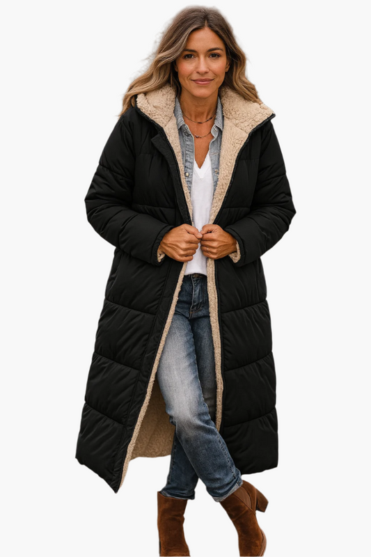 Damen Warme Winterpufferjacke Kapuzen Longline Schwarz - Eveloria