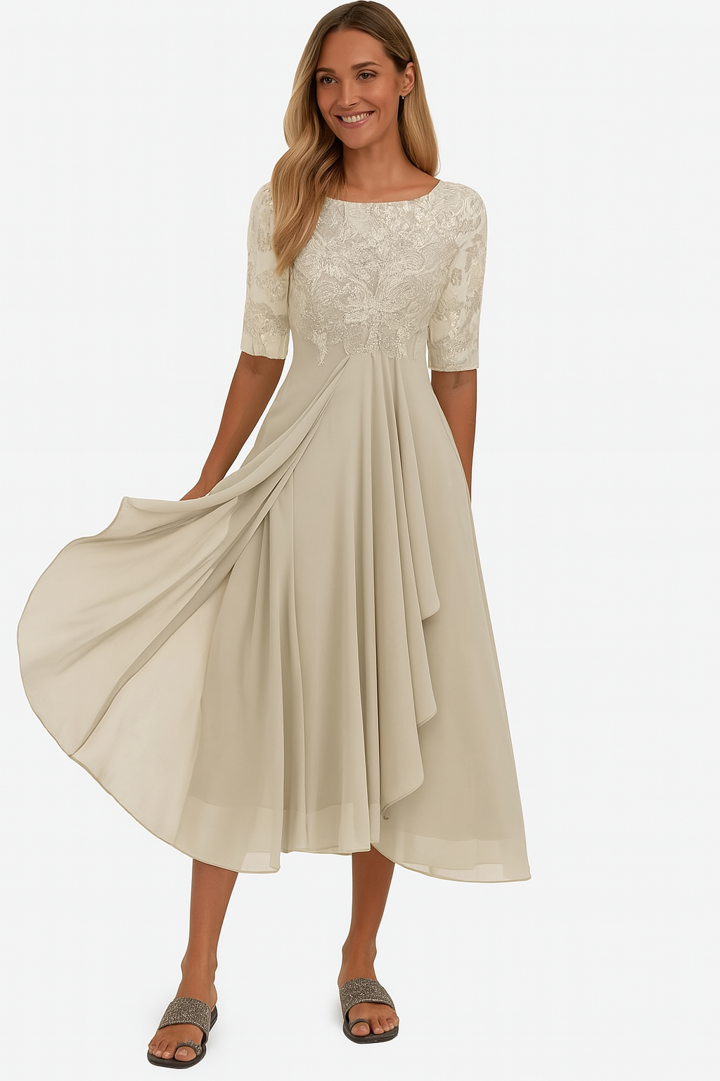 Damen A-Linie Spitzen Midi-Kleid - Eveloria