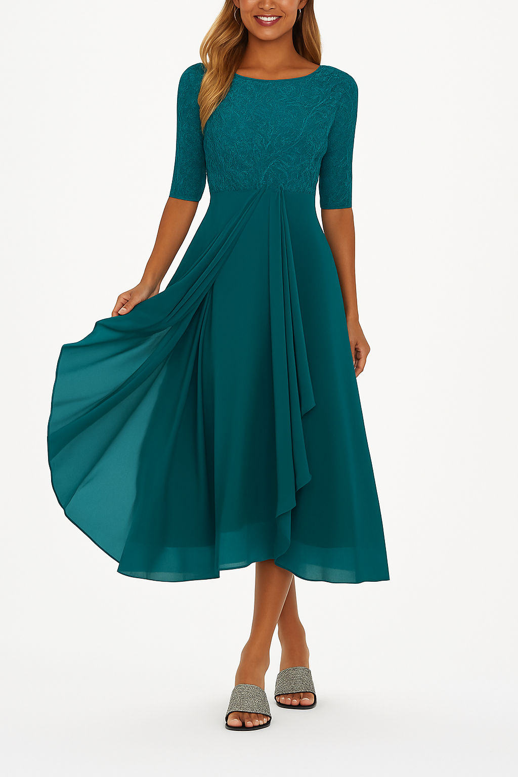 Damen A-Linie Spitzen Midi-Kleid