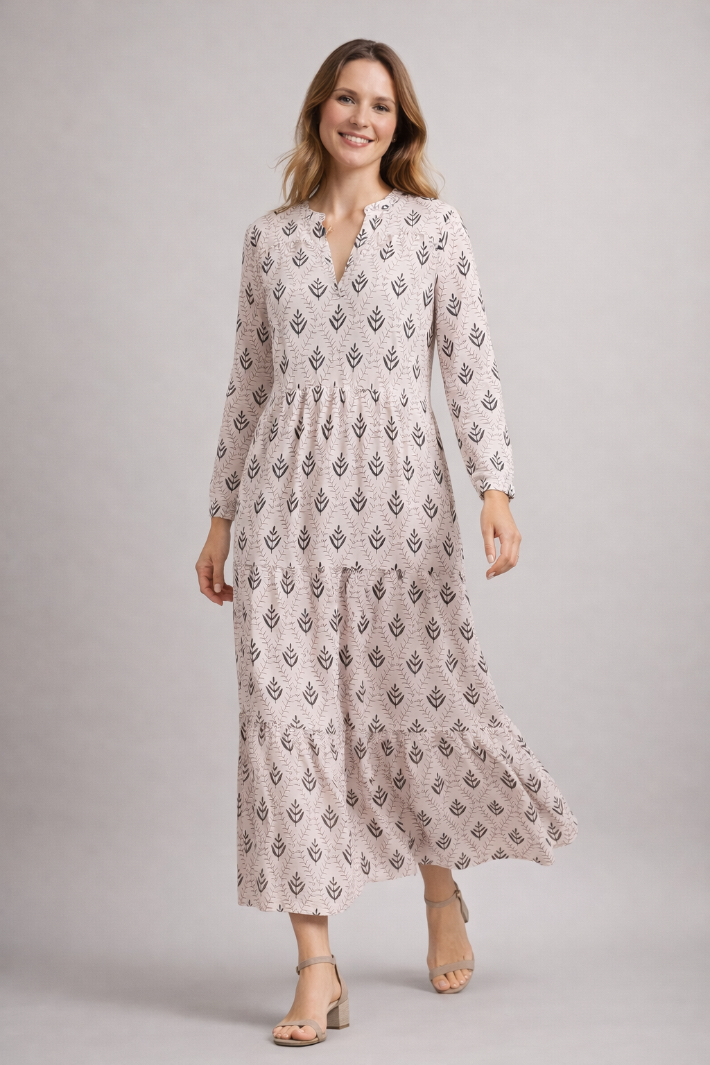 Damen Maxikleid Stufenrock V-Ausschnitt Boho-Stil