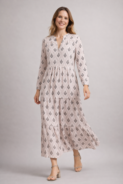 Damen Maxikleid Stufenrock V-Ausschnitt Boho-Stil
