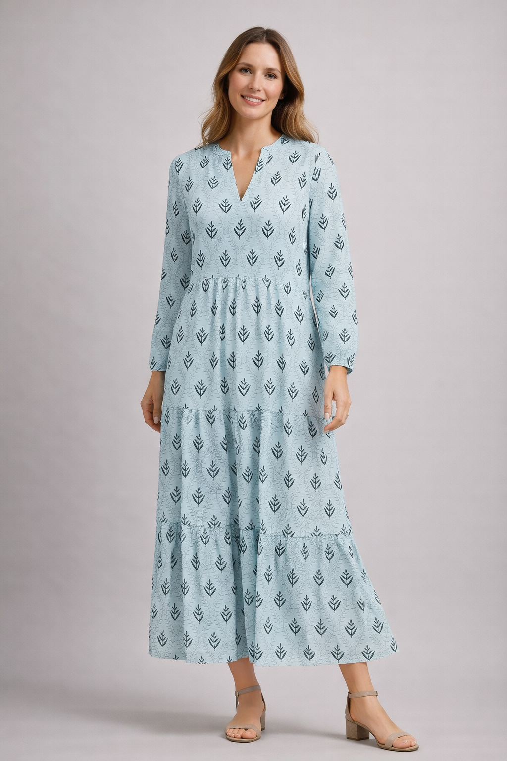 Damen Maxikleid Stufenrock V-Ausschnitt Boho-Stil