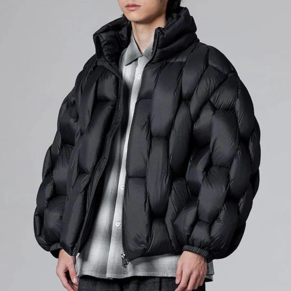 Herren Winterjacke Stehkragen Reißverschluss Gepolstert Schwarz - Eveloria