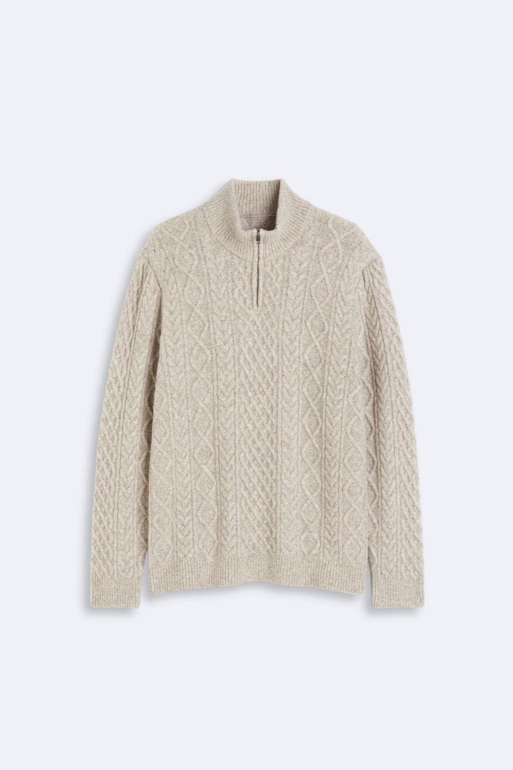 Felix Damen Zopfstrickpullover Halbreißverschluss Warm Beige - Norvielle
