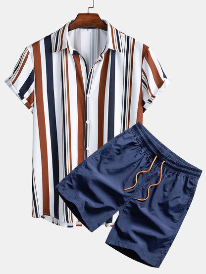Herren Sommer Set: Gestreiftes Kurzarmhemd und Shorts - Eveloria