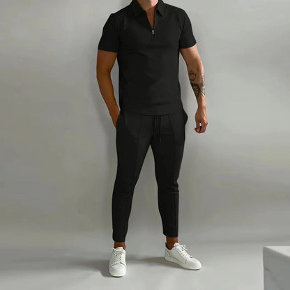 Herren Sommer Set Zweiteiliges Polo T-Shirt Elastische Taille Weiss - Eveloria