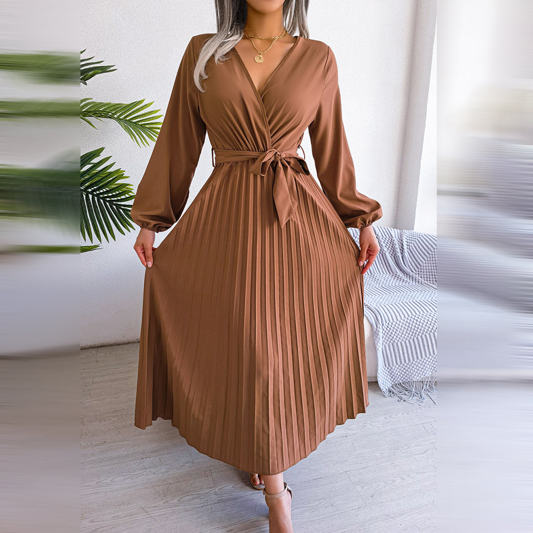 Damen Maxikleid V-Ausschnitt Taillengürtel Plisseerock