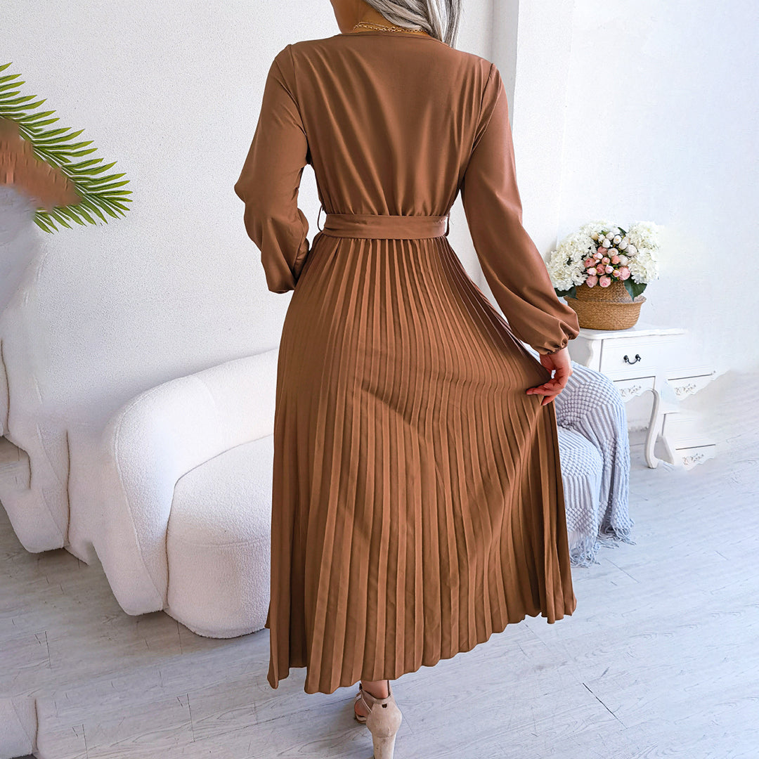 Damen Maxikleid V-Ausschnitt Taillengürtel Plisseerock