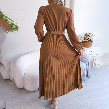 Damen Maxikleid V-Ausschnitt Taillengürtel Plisseerock