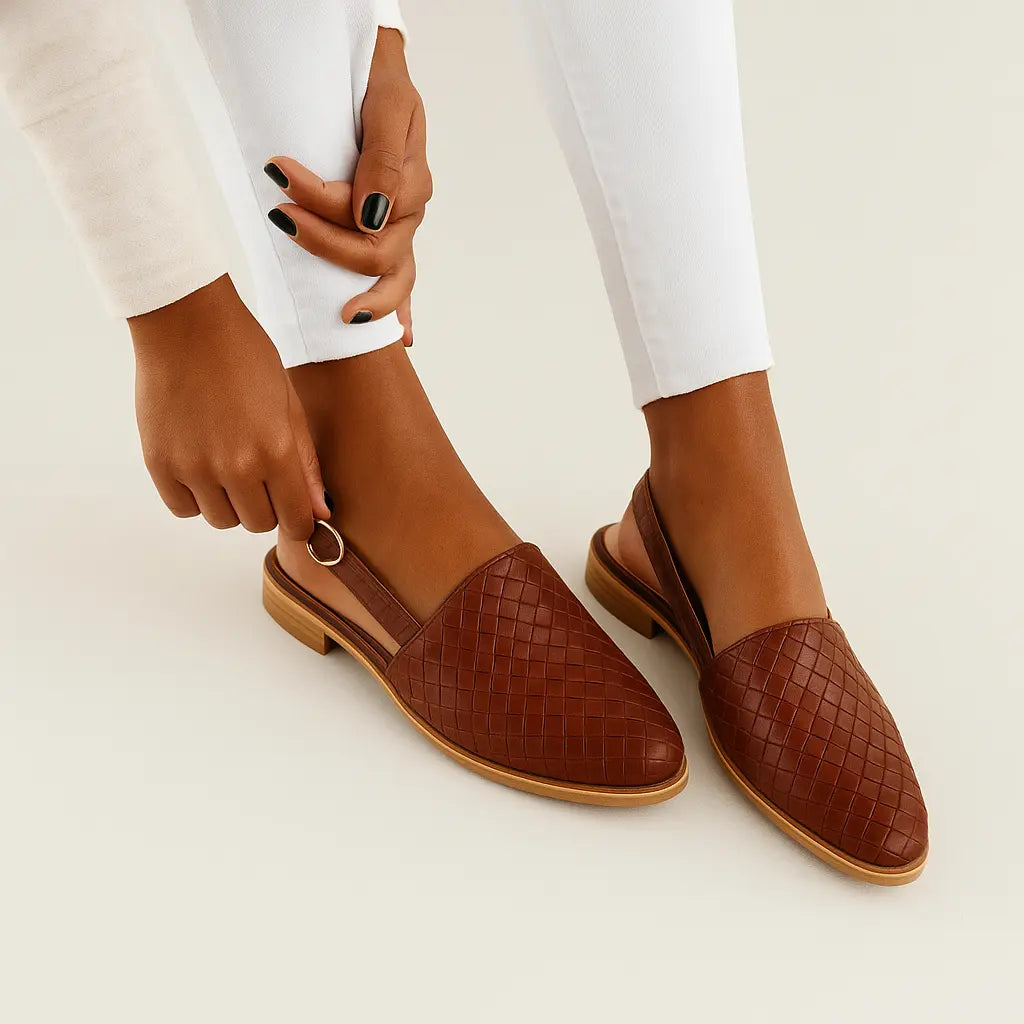 Geflochtene Slingback-Loafer Schuhe Damen Leder Beige - Eveloria