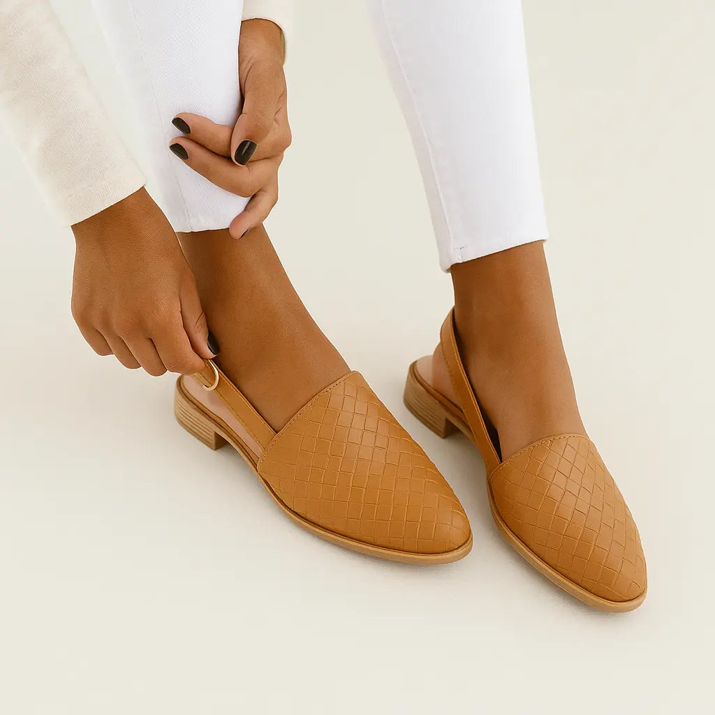 Geflochtene Slingback-Loafer Schuhe Damen Leder Beige