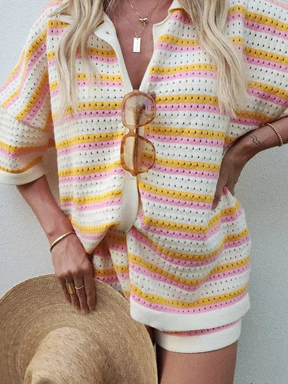 Damen Strick-Zweiteiler Sommer Outfit Streifen Bluse mit Reverskragen