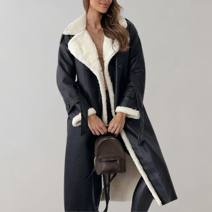 Damen Lederlook Mantel Fleecefutter Taillengürtel Schwarz - Eveloria