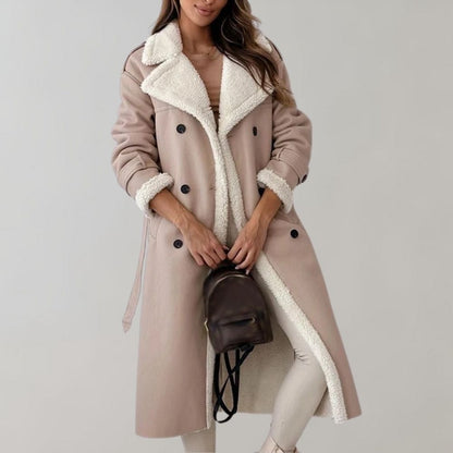 Damen Lederlook Mantel Fleecefutter Taillengürtel