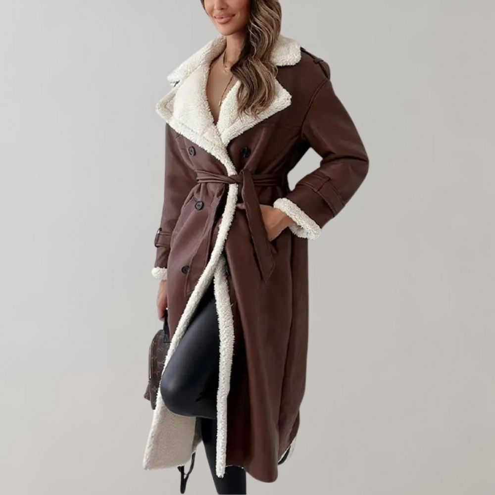Damen Lederlook Mantel Fleecefutter Taillengürtel