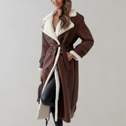 Damen Lederlook Mantel Fleecefutter Taillengürtel