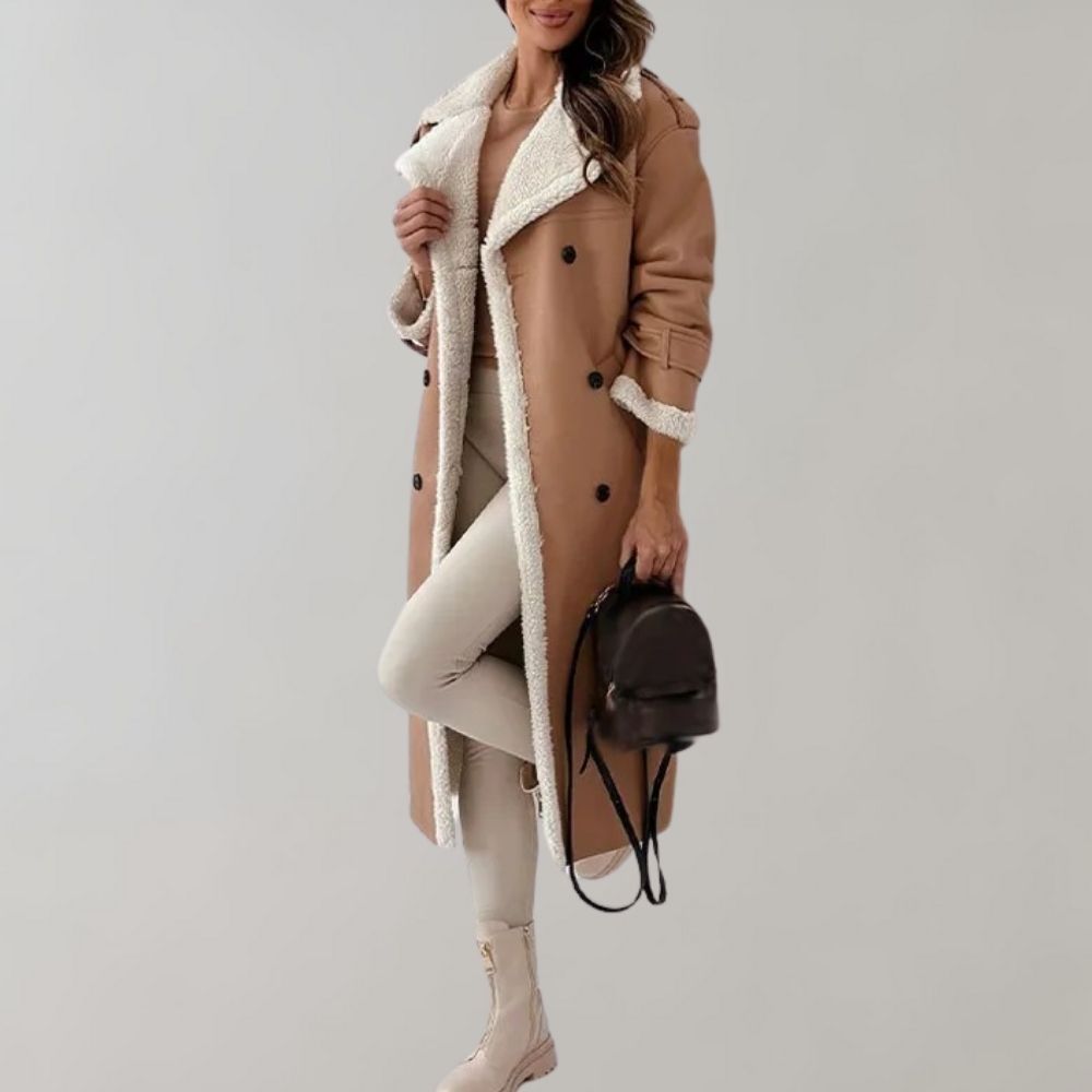 Damen Lederlook Mantel Fleecefutter Taillengürtel