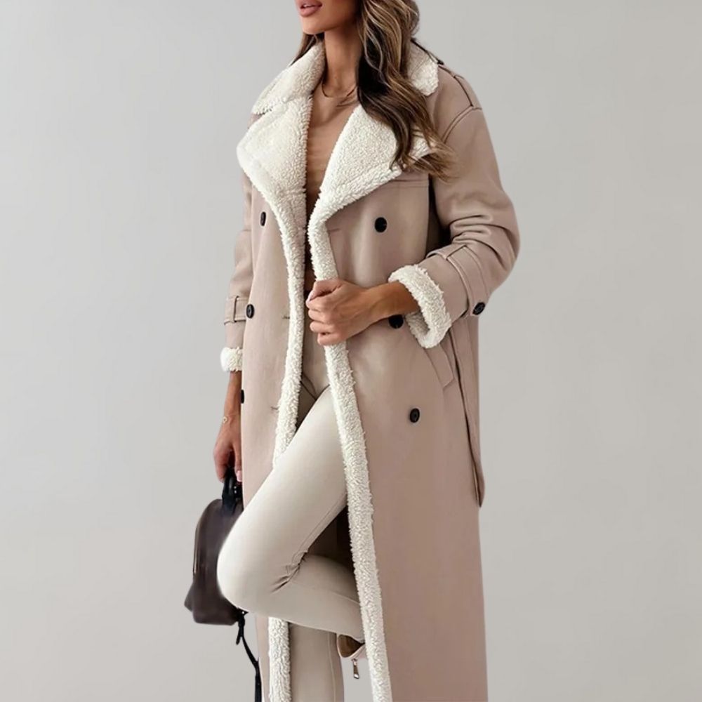 Damen Lederlook Mantel Fleecefutter Taillengürtel