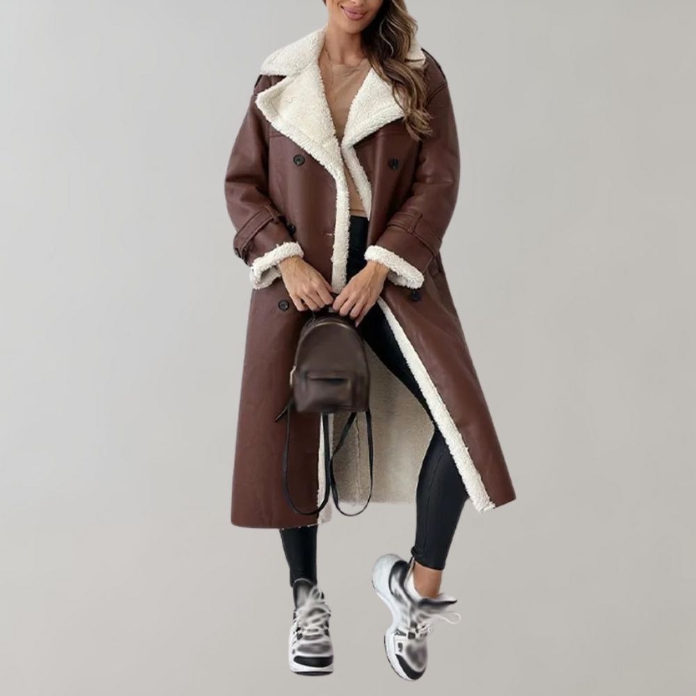 Damen Lederlook Mantel Fleecefutter Taillengürtel