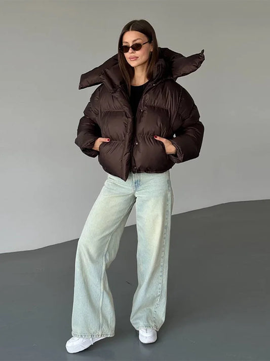 Damen Cropped Pufferjacke Kapuze Schwarz - Eveloria