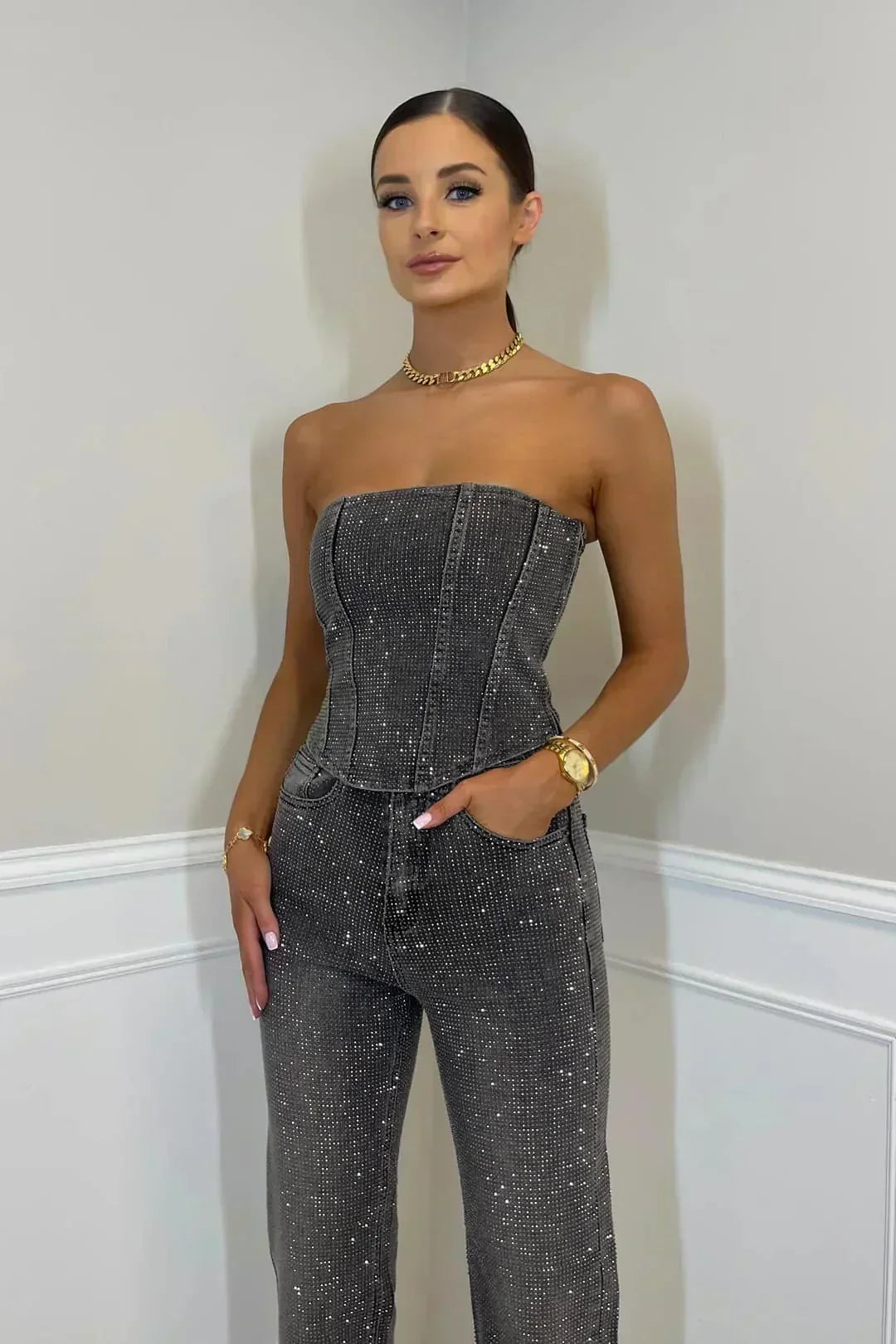 Damen Jumpsuit Trägerlos Glitzer Abendmode