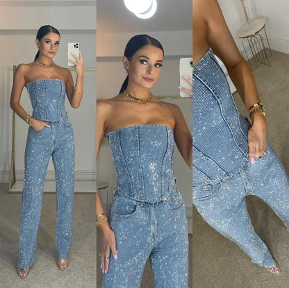Damen Jumpsuit Trägerlos Glitzer Abendmode