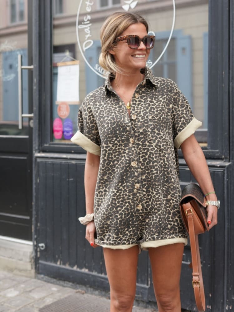 Damen Leopard-Print Romper Leicht Sommer Oberteil