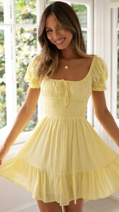 Damen Sommerkleid Puffärmel Rüschenrock Mini