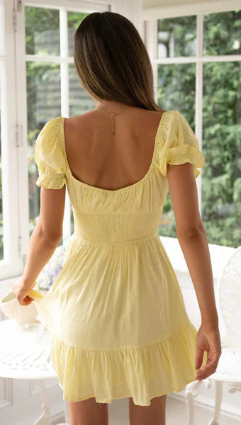 Damen Sommerkleid Puffärmel Rüschenrock Mini