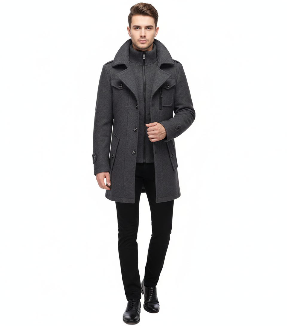 Herren Trenchcoat Doppelkragen Wollmantel Schwarz - Eveloria
