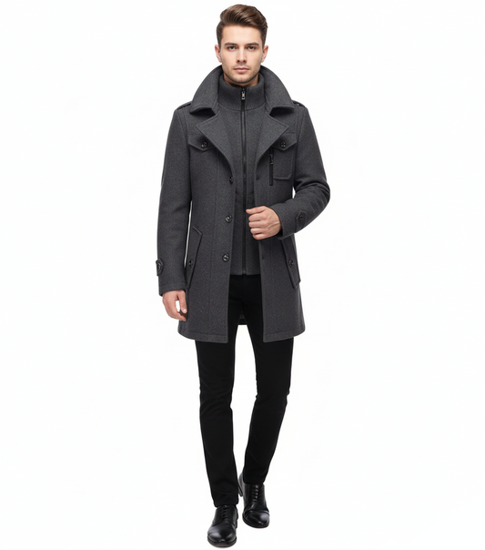 Herren Trenchcoat Doppelkragen Wollmantel Schwarz - Eveloria