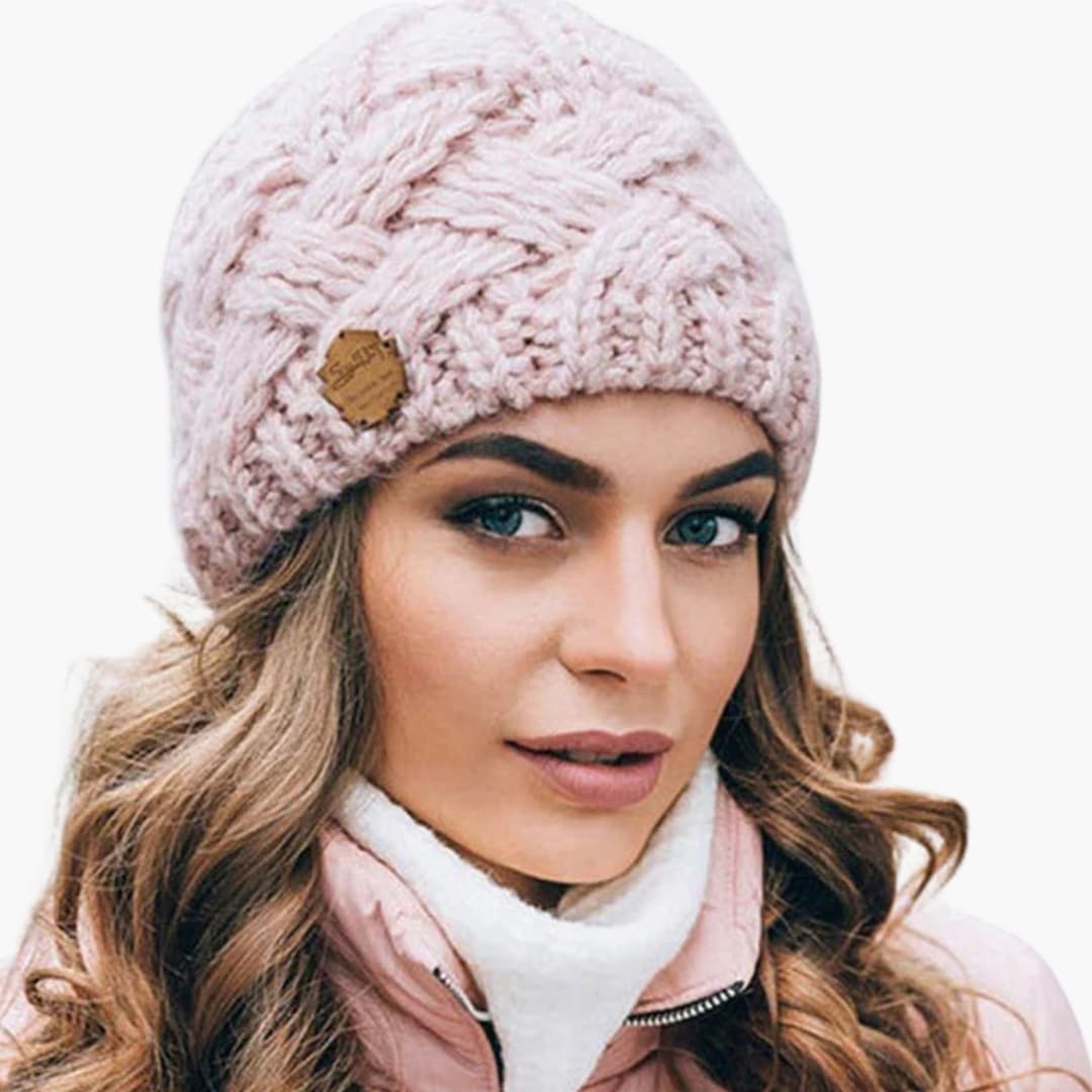 Damen Wintermütze Gestrickt Rund Gerippt Warm Beige