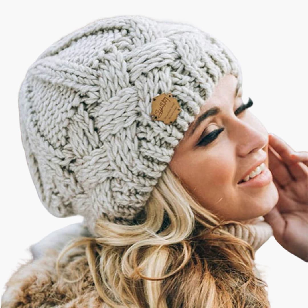 Damen Wintermütze Gestrickt Rund Gerippt Warm Beige