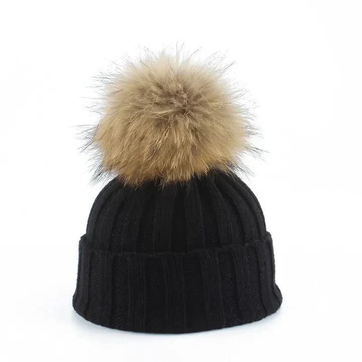 Damen Strickmütze Bommel Weiches Innenfutter Warm