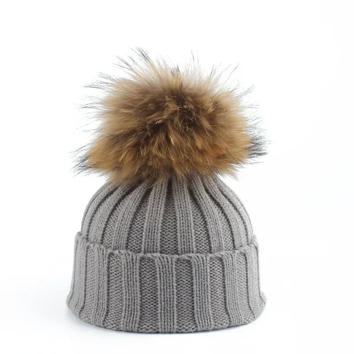 Damen Strickmütze Bommel Weiches Innenfutter Warm
