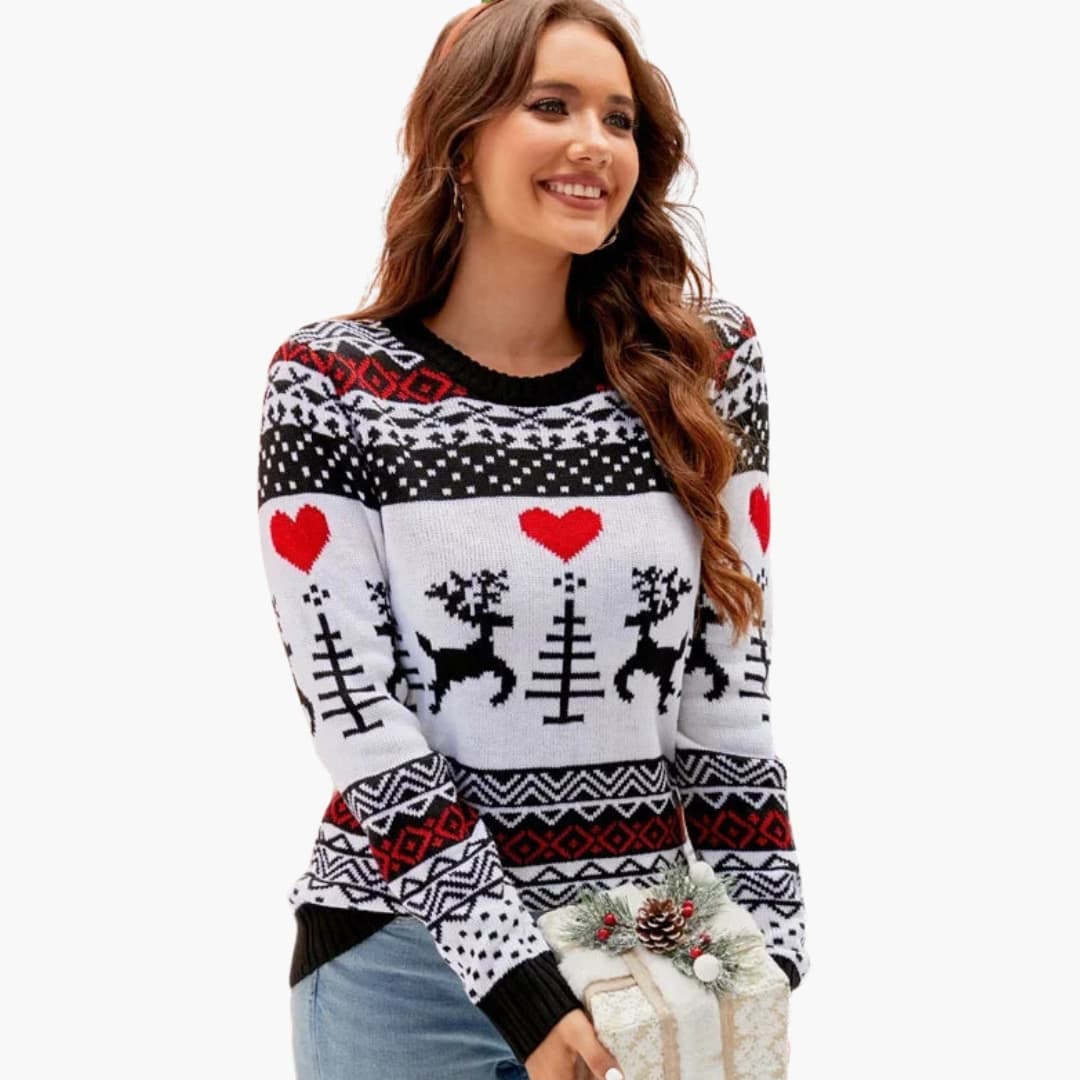 Damen Strickpullover Rentiermotiv Weihnachtlich Warm Beige