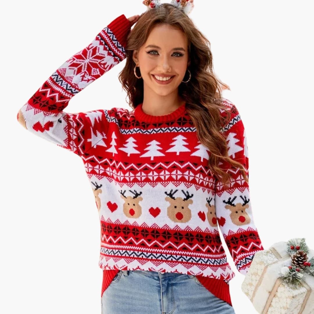 Damen Strickpullover Rentiermotiv Weihnachtlich Warm Beige - Eveloria