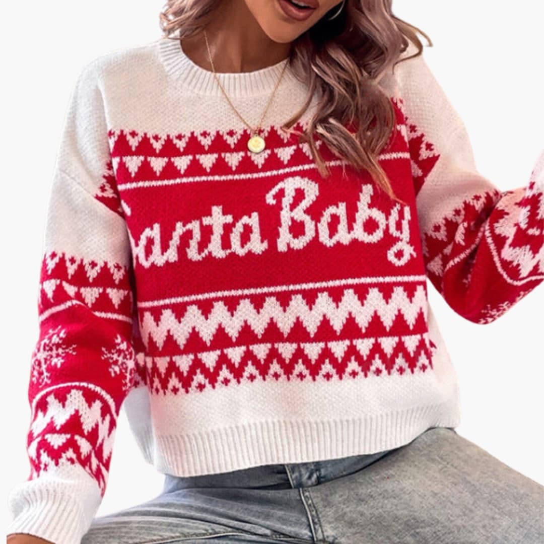 Damen Weihnachtspullover Rundhals Schrift-Strickmuster Bequem Rot
