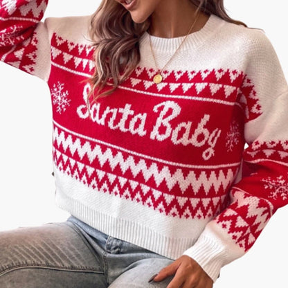 Damen Weihnachtspullover Rundhals Schrift-Strickmuster Bequem Rot - Eveloria