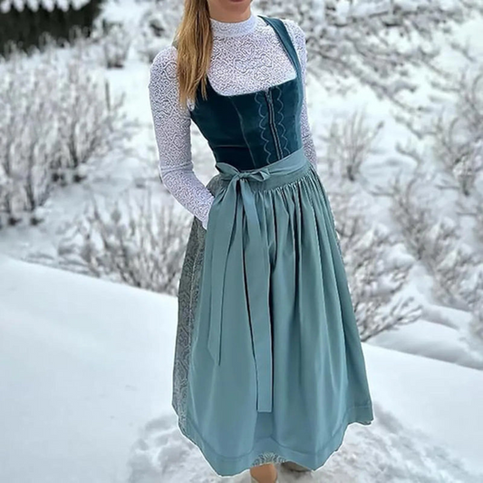 Damen Dirndl Kleid Midi mit Stickereien Quadratischer Ausschnitt - Eveloria