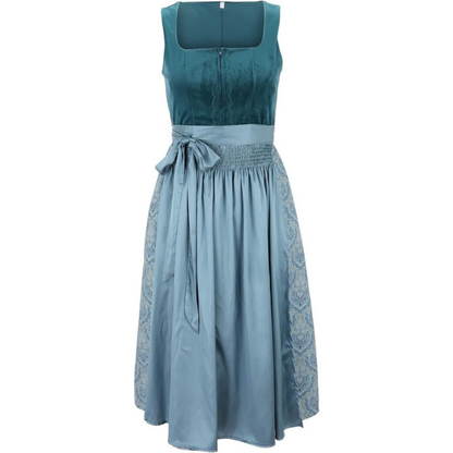 Damen Dirndl Kleid Midi mit Stickereien Quadratischer Ausschnitt