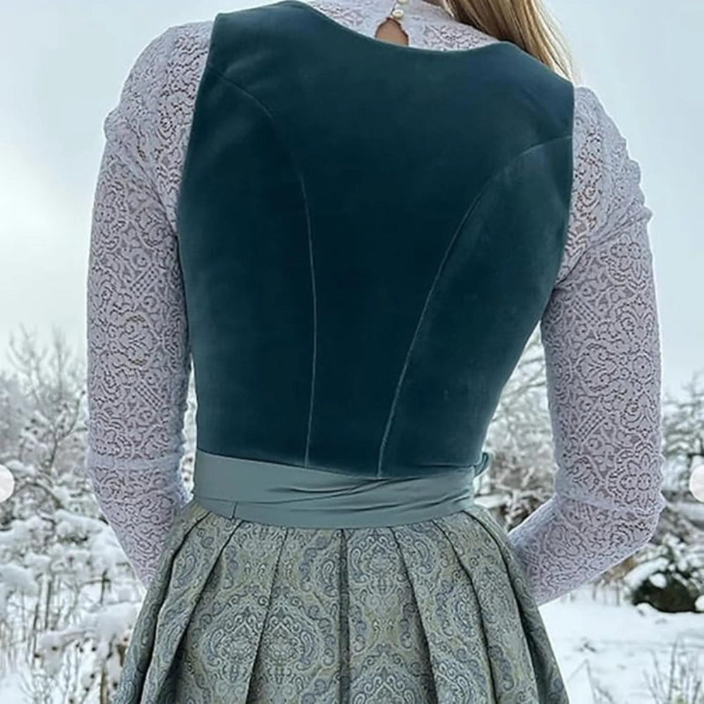 Damen Dirndl Kleid Midi mit Stickereien Quadratischer Ausschnitt