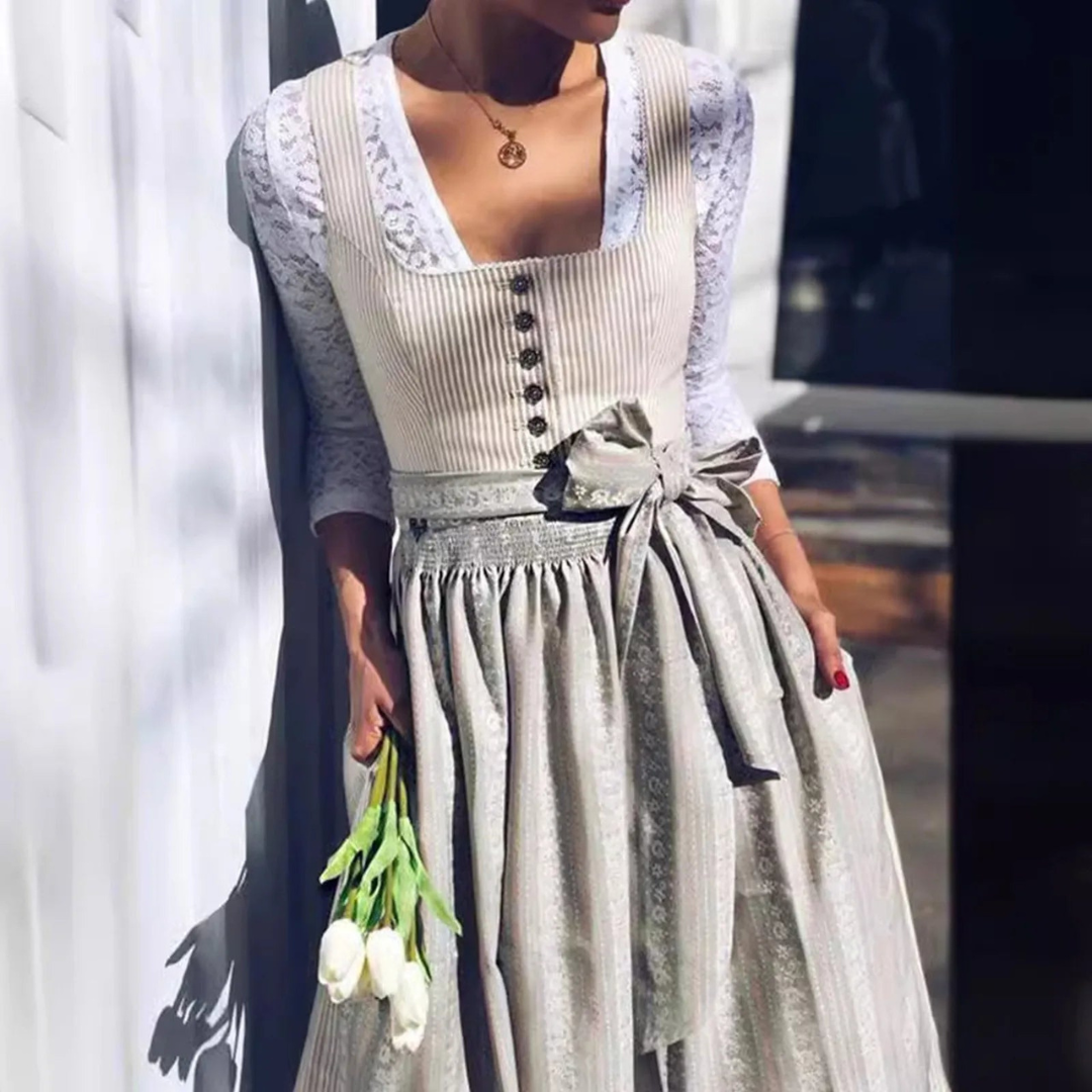 Damen Dirndl Kleid Midi Quadratischer Ausschnitt Blau - Eveloria